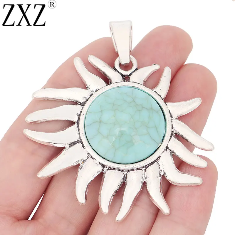 2pcs Tibetan Silver Large Imitation Stone SunFlower Charms Pendants for Necklace Jewelry Making Findings 66x60mm