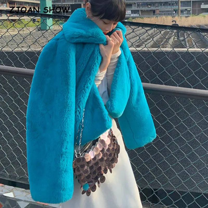Winter Turn down Collar Lapel Hairy Shaggy Soft Faux Fur Coat Green Women Long Sleeve Furry Fur Warm Jacket Short Outerwear