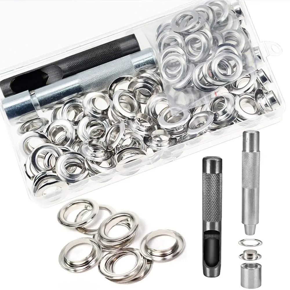 

Grommet Eyelets Tool Kit,Grommet Setting Tool and 100 Sets Grommets Eyelets with Storage Box(1/2 Inch Inside Diameter,Silver)