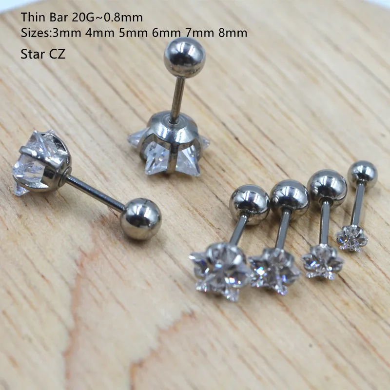 

50pcs Body Jewelry Piercing - Sliver Thin Bar 20G~0.8mm Star CZ Gems Earring Ear Helix Bar Lobe Cartilage Tragus Diath Studs