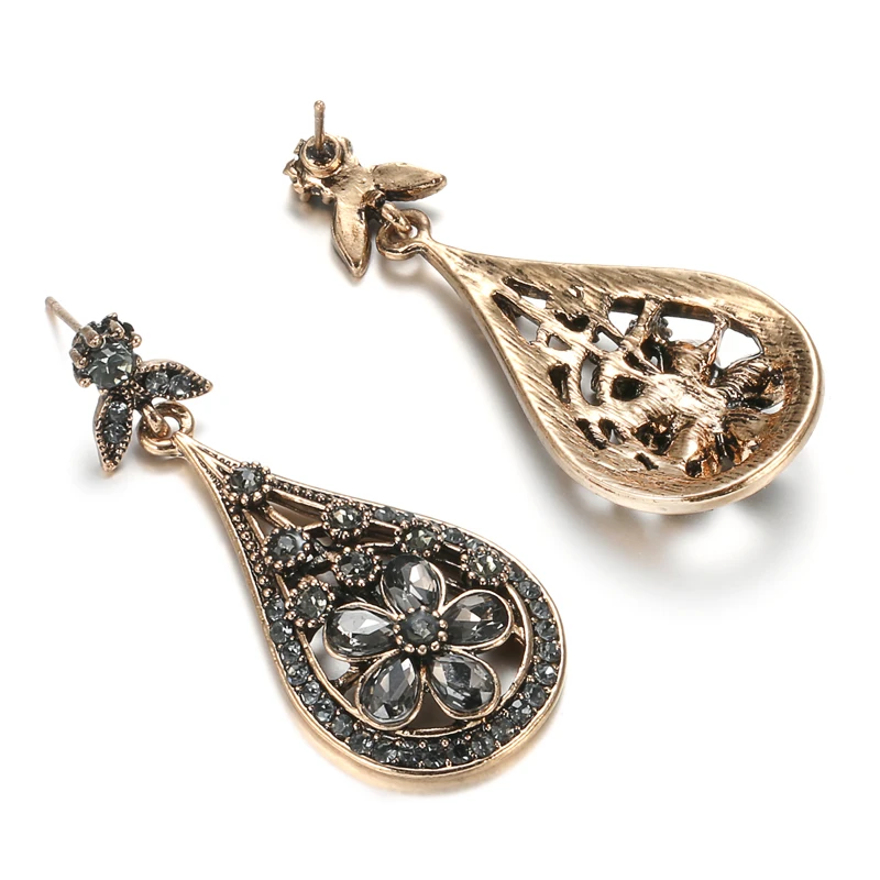 Wbmqda Vintage Crystal Flower Drop Earring For Women Ethnic Bride Jewelry Antique Gold Color Dangle Earring Arabesque Bijoux