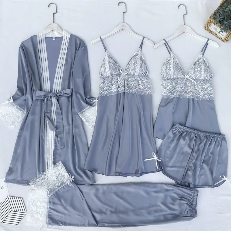 Satin Lace 5PCS Sleep Set Sexy Kimono Bathrobe Gown Female Robe Silky Nightwear Intimate Lingerie Casual Nightgown Sleepwear