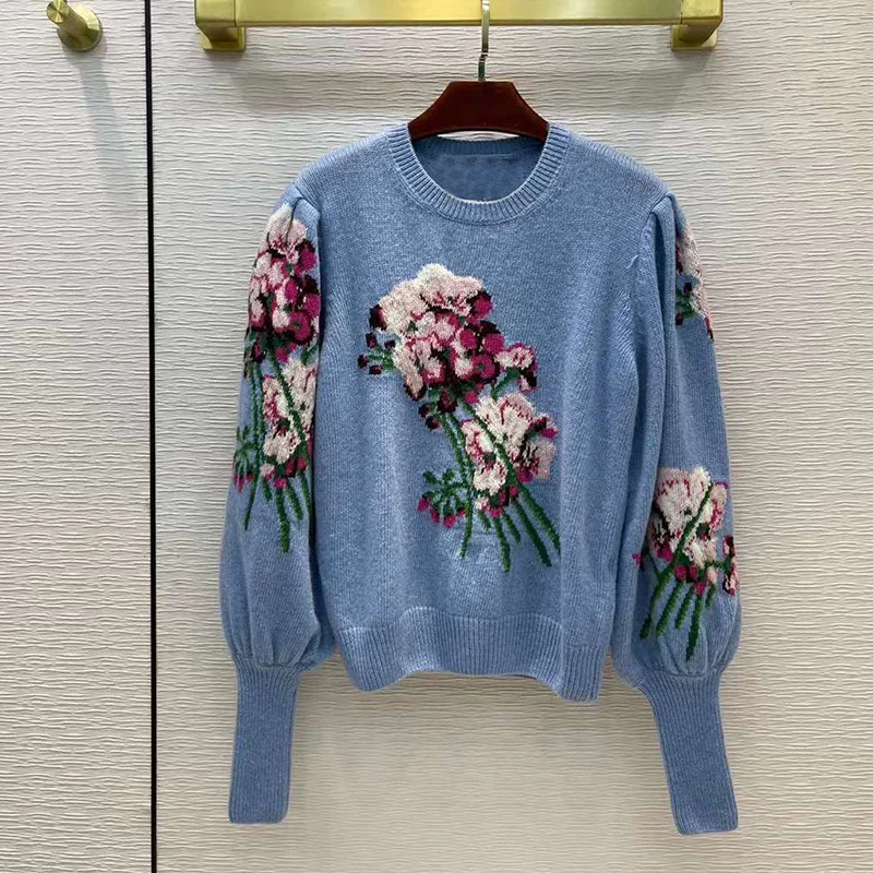 Runway New Oversize Flower Embroidery Pullover Blue Lantern Sleeve Women Sweater Knit Pullover 2023 Designer Vintage Clothes