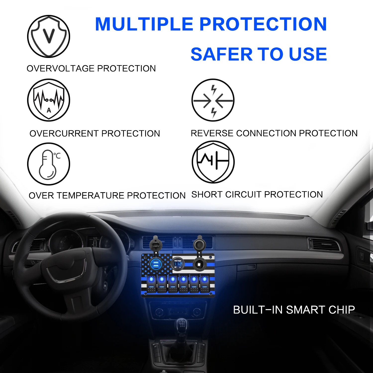 미국 국기 패턴이있는 6 갱 방수 스위치 패널 자동차 용 USB 차량용 충전기 및 전압계 및 전원 소켓이있는 6Pin ON/Off 스위치