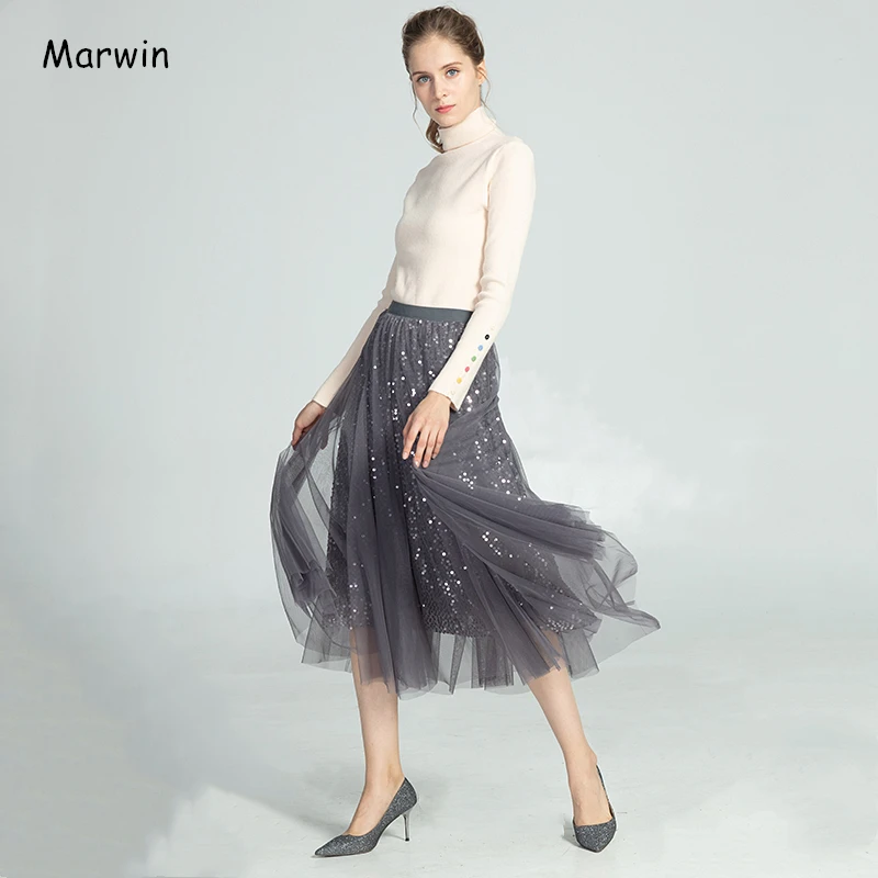 Marwin New-Coming Autumn Winter High Street Europen Style Women Skirts High Elastic Quality Sequin Christmas Women Skirts