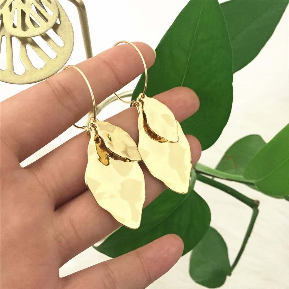 Lovely Casual Hammered Effect Two Leaf Charm Drop Earrings For Women Girl Naturalism Bohemia Trendy Dainty Jewelry