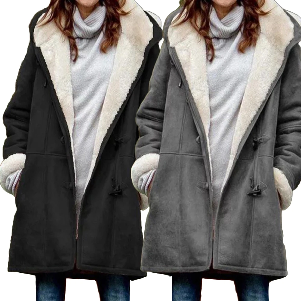 Casual Women Winter Solid Color Horn Buckles Fleece Lining Long Warm Hooded Coat