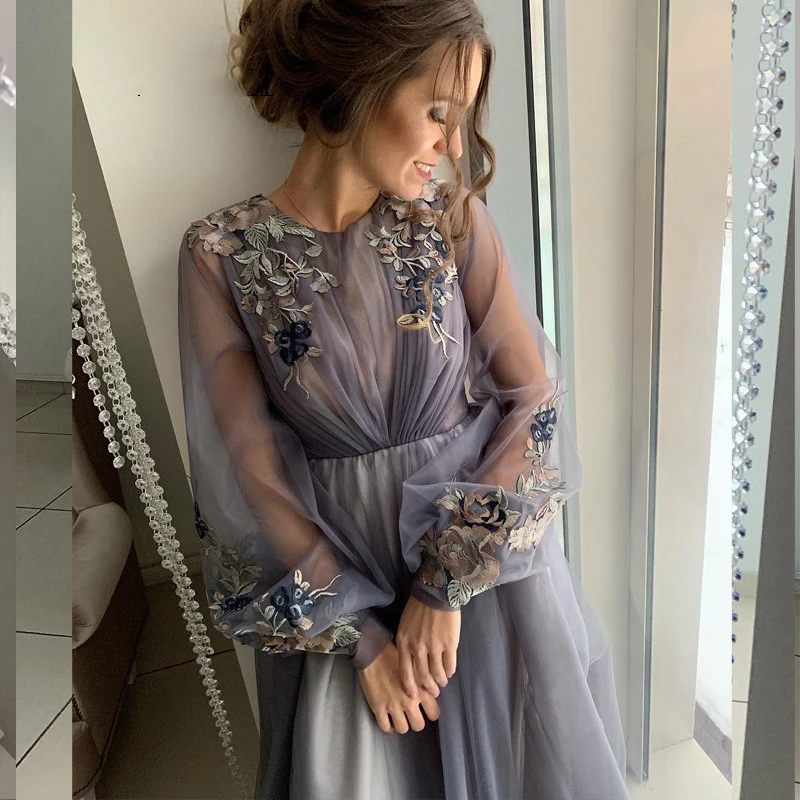 Eightale Gray Arabic Dubai Evening Dresses O-Neck Long Sleeves Prom Gowns Flowers Tulle A-Line Party Dress Mother of Bride Dress