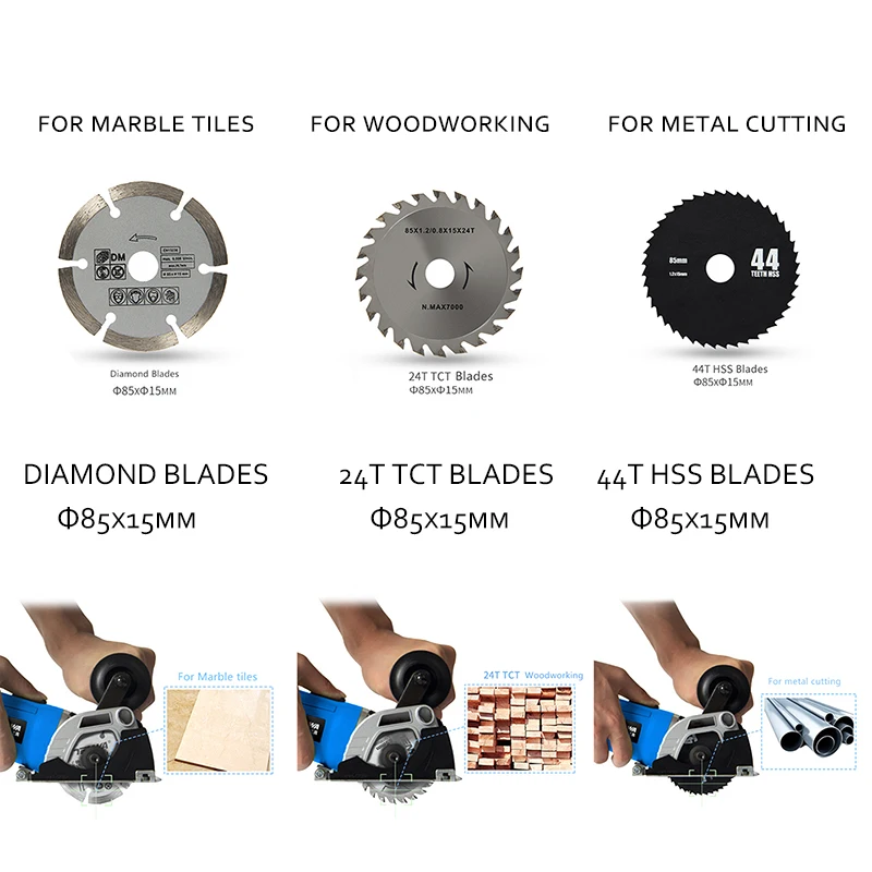 3pcs/lot 85mm Circular Saw Blades HSS/TCT Woodworking Rotary Tool Cutting Discs Mandrel for Mini Circular Saw PTET030