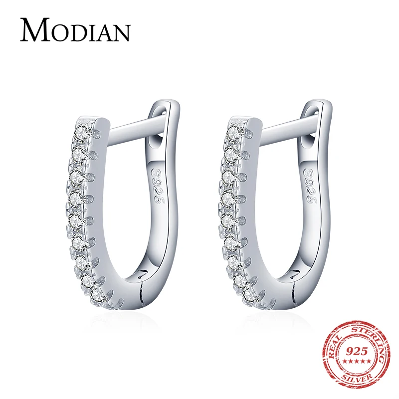 Modian Romantic Clear Zircon Crystal Earring 925 Sterling Silver U Shape Sparkling Hoop Earrings For Women Girls Wedding Jewelry