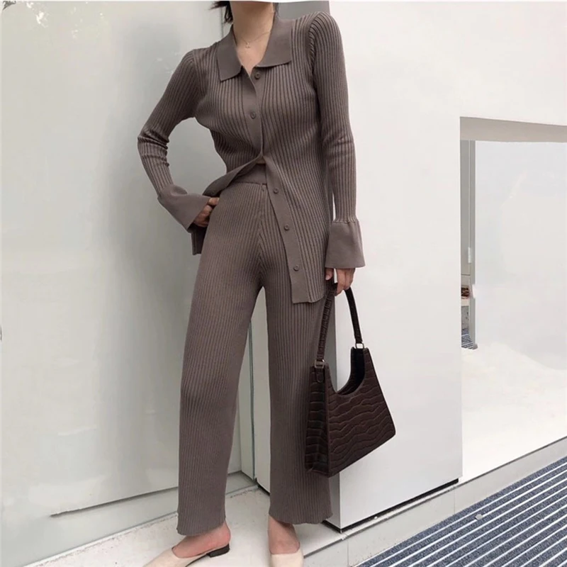 Knitted Cardigan Two Piece Sets Women Slim Sweater Suits Casual Solid Tops Female Fleece Pants Suits Fashion Streetwear Outfits