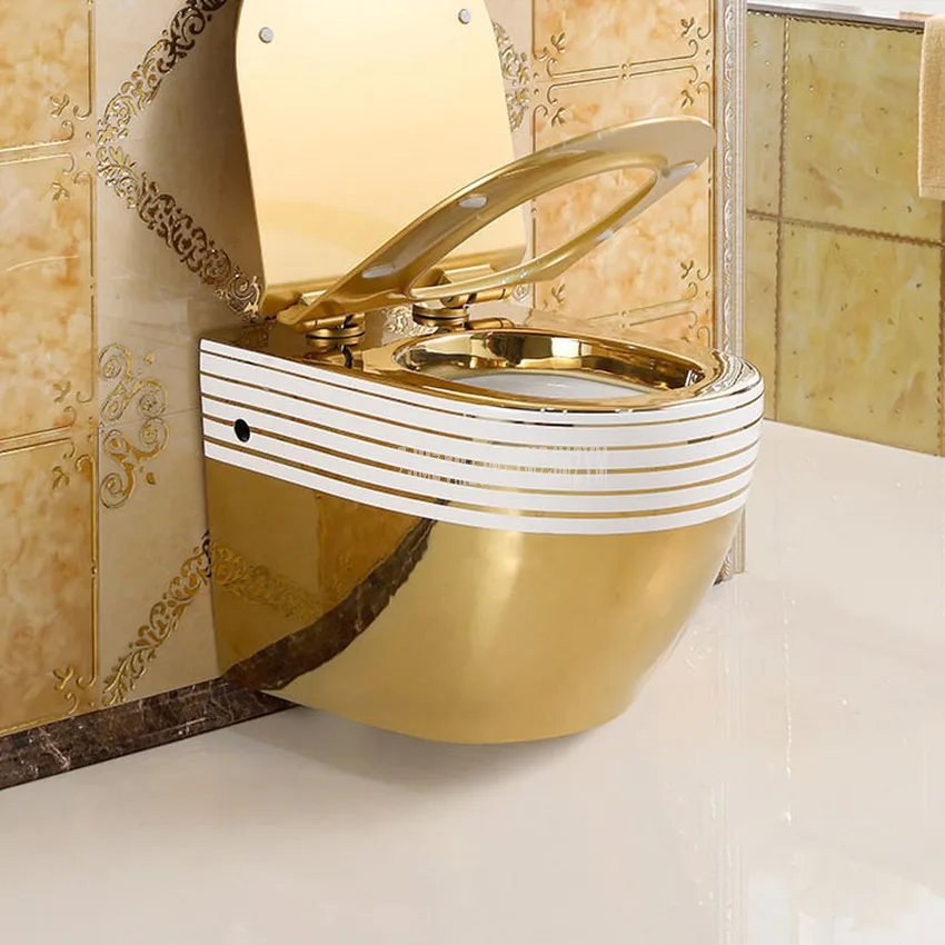 Noble Golden Wall Mounted Flush Toilet Luxury Titanium Gold Painted Bathroom Washroom Ceramic Closestool Without Water Tank