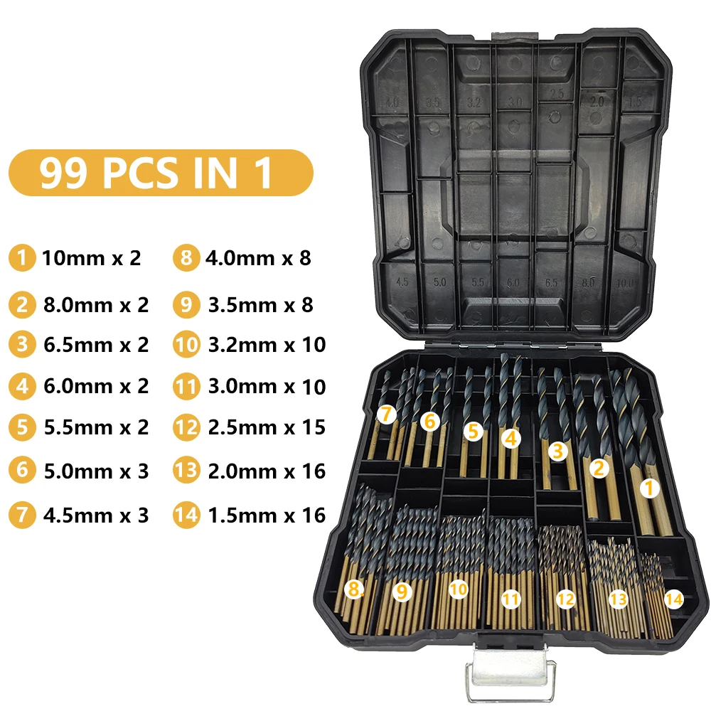 99Pcs HSS Twist Drill Bit 1.5mm-10mm Hardening coating surface 135 degrees, power tool accessories, used for Wood Metalworking