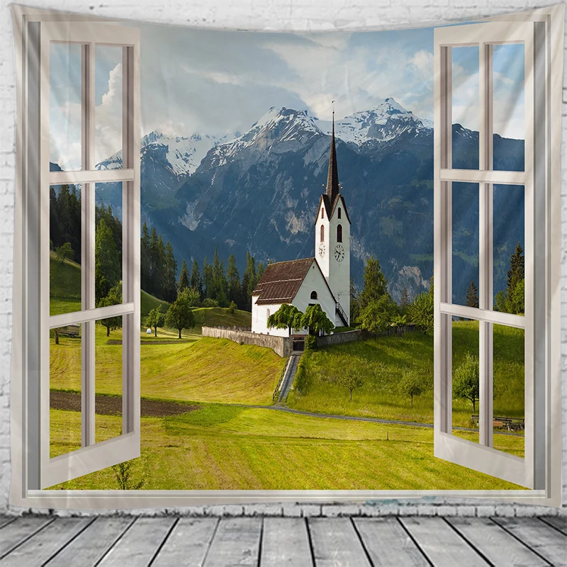 3D Window Scenery Decoration Tapestry Hippie Wall Bohemian Style Decoration Tapestry Bedroom Dormitory Wall Tapestry