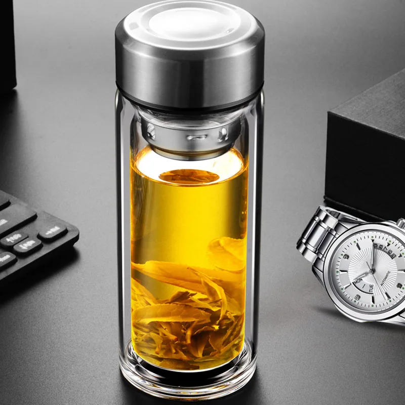 360ml Double Walled Tea Bottle High Grade Glass Water Bottle Portable Gift Tea Cup Glass Bottle