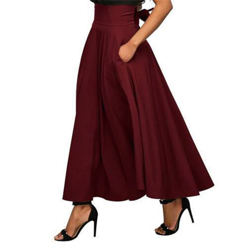 High Waist Pleated Long Skirts Women Vintage Flared Full Skirt Swing Satin Dress