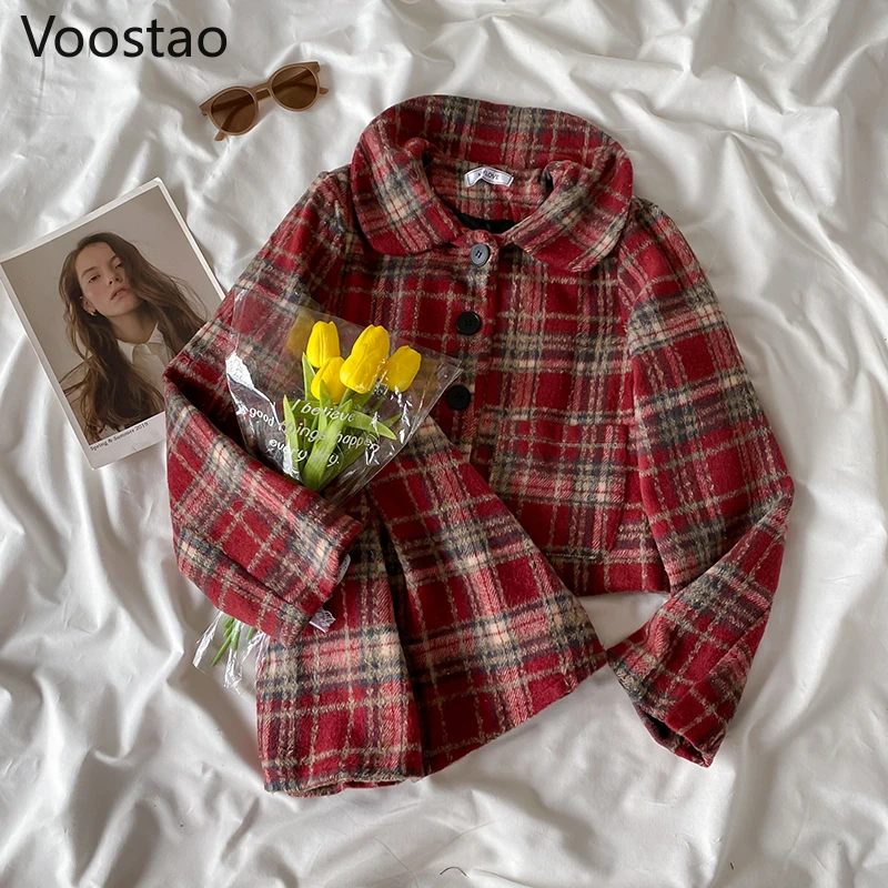Conjuntos de saia estilo preppy feminino, jaquetas de lã xadrez, mini terno de saia plissada, chique, meninas japonesas, outono, inverno, doce,