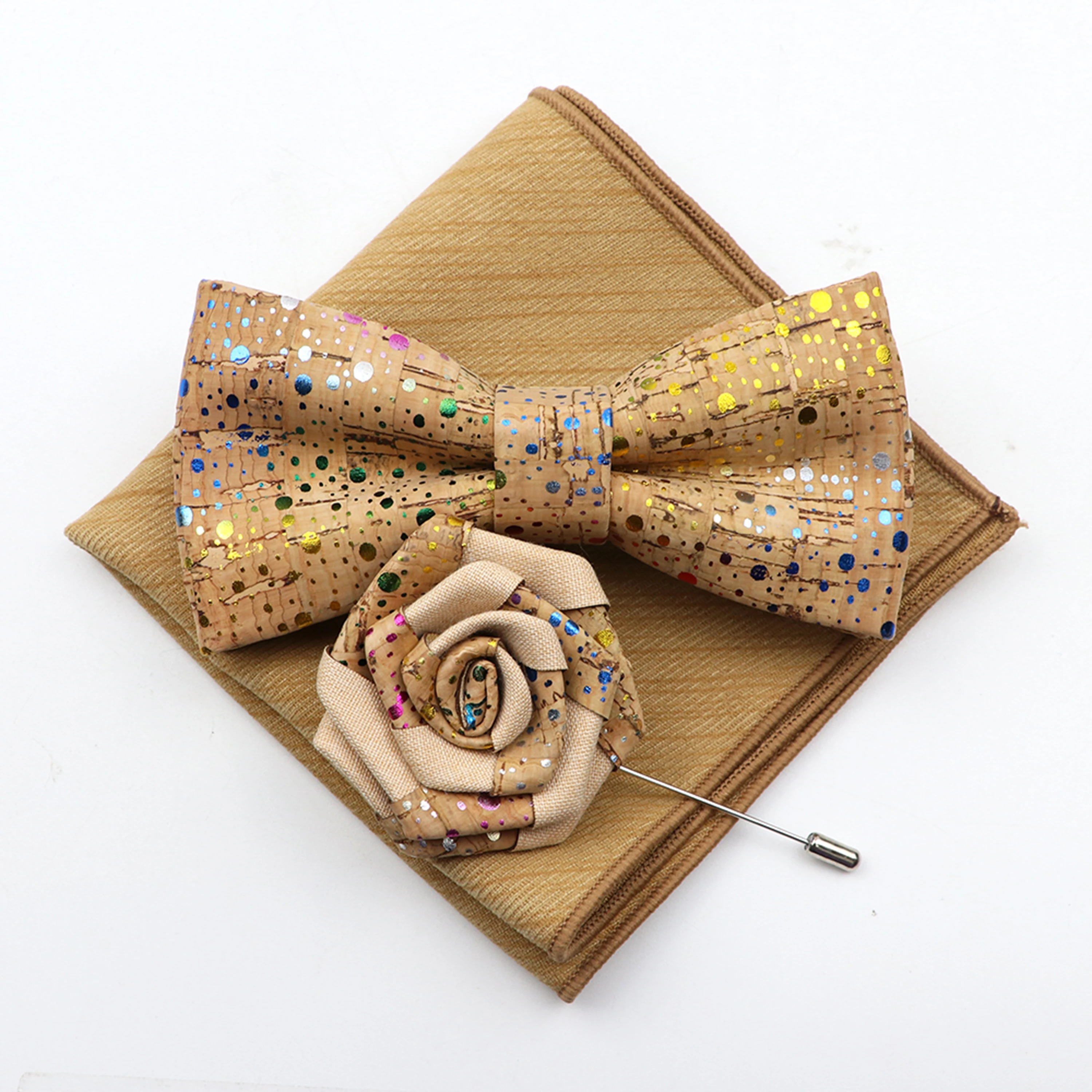 New Cork Wood Bow Tie Set Men\'s Novelty Handmade Floral Solid Color Bowtie Brooch For Groom Wedding Party Retro Suit Accessories