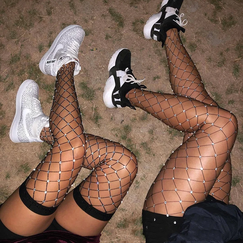 

Sexy Women's Stockings White Diamond Large Mesh Rhinestone Erotic Tights Diamond Net Socks Best Sellers Knee Stockings