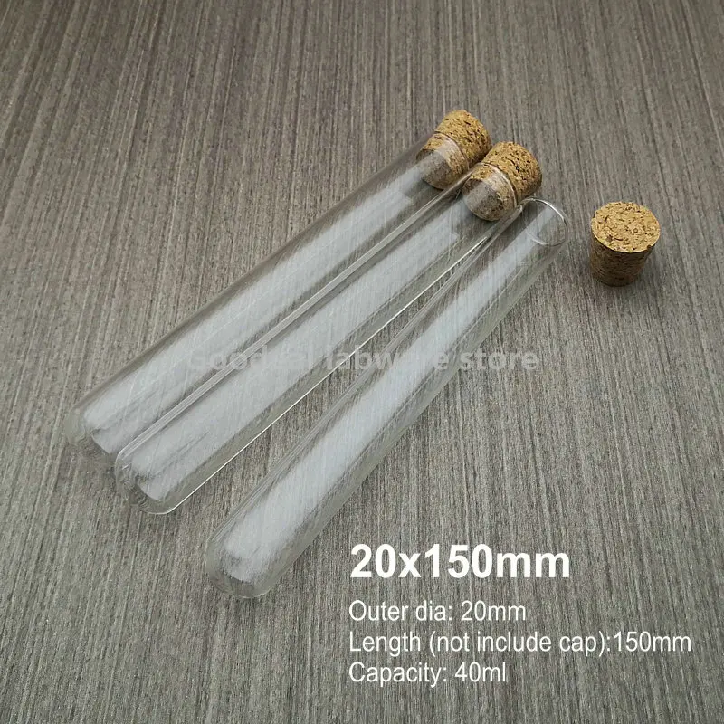 Outer Diameter 20mm Round Bottom Thickened Glass Test Tube Lab Glass Reagent Reaction Container with Cork Stopper