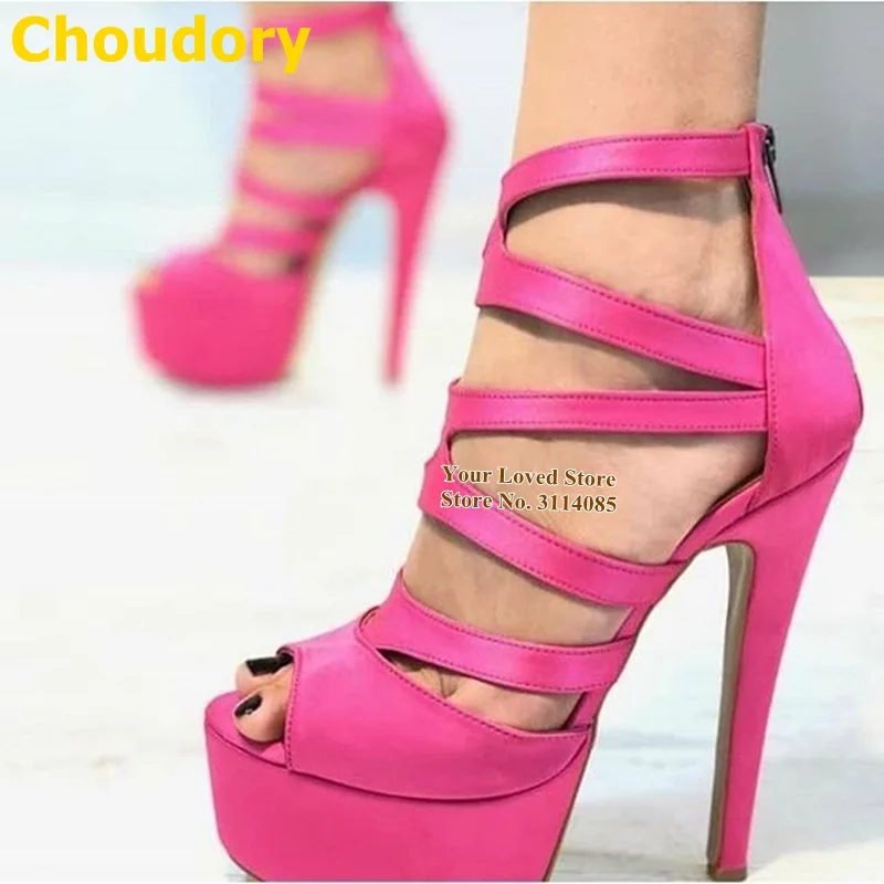 Choudory  Pink Matte Leather Platform Sandals High Heel Strappy Dress Pumps Hollow Open Toe Caged Gladiator Shoes Size47 Women