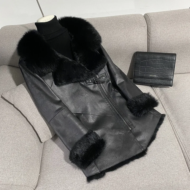 2021autumn and winter new fur mid-length slim-fit fur one-piece female large fur collar temperament is thinner coat trend