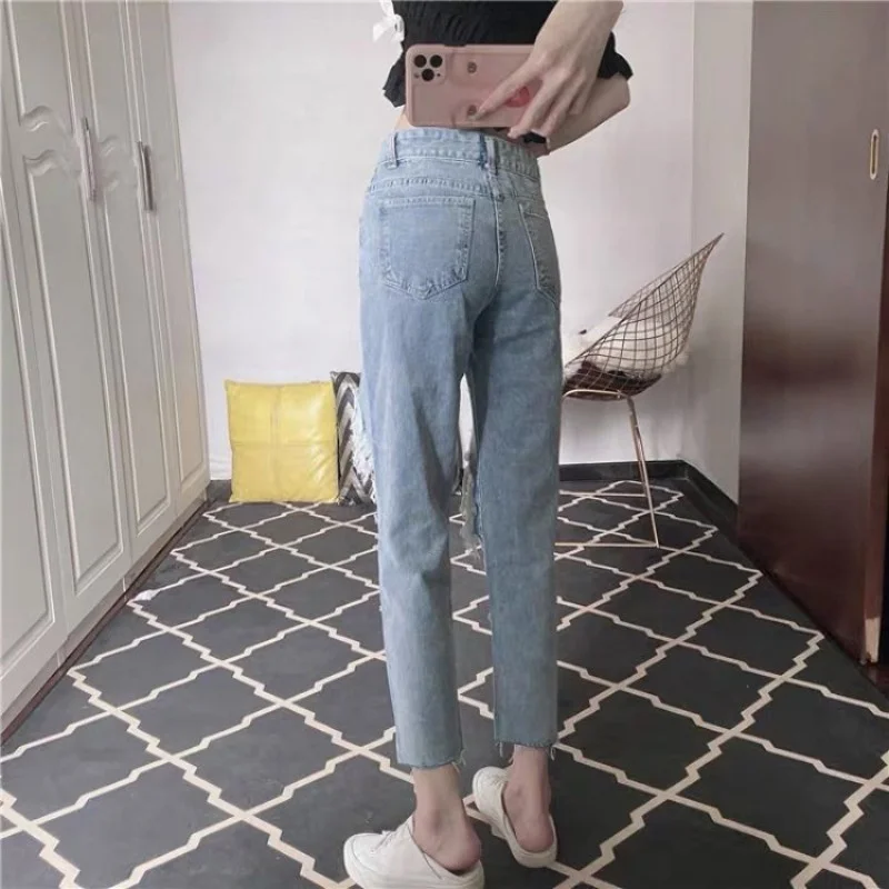 Fashion New Women Baggy Hole Ripped Jeans High Waist Ankle Length Denim Pants Straight Trousers Hip Hop Tassels Pants Streetwear