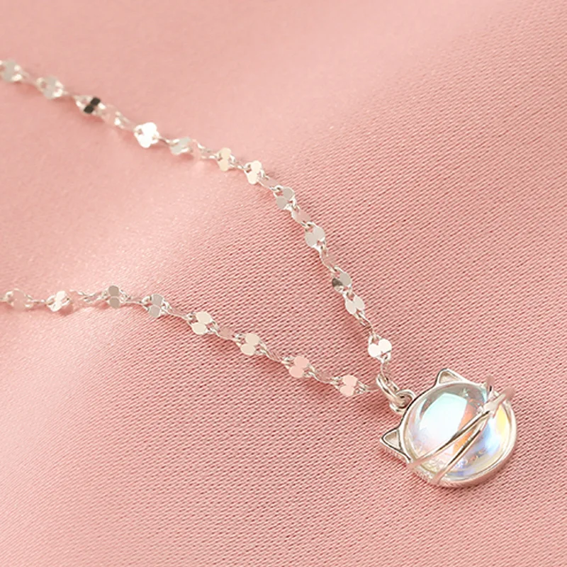 VENTFILLE 925 Sterling Silver Color Aurora Cat Necklace Lady Temperament Sweet Moonstone Meow Planet Clavicle Chain Jewelry Gift