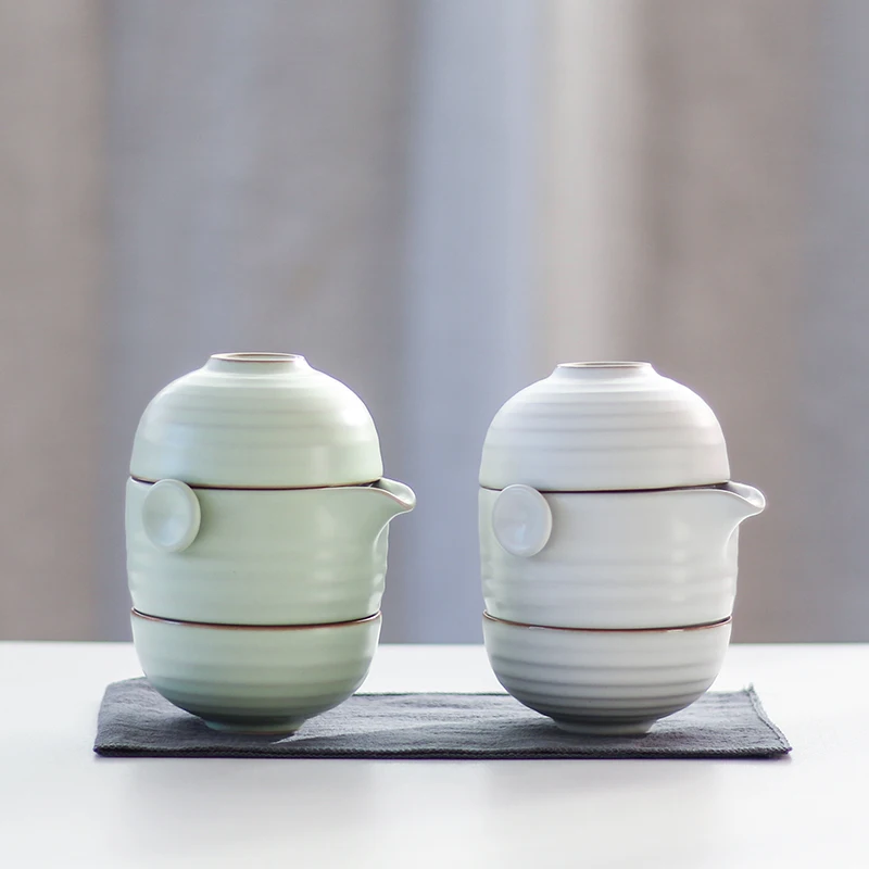 White and Green Japanese Simple Ceramics One Pot Two Cups Portable Travel Outdoors Tea Set Ceramic Home Office Tea Cup