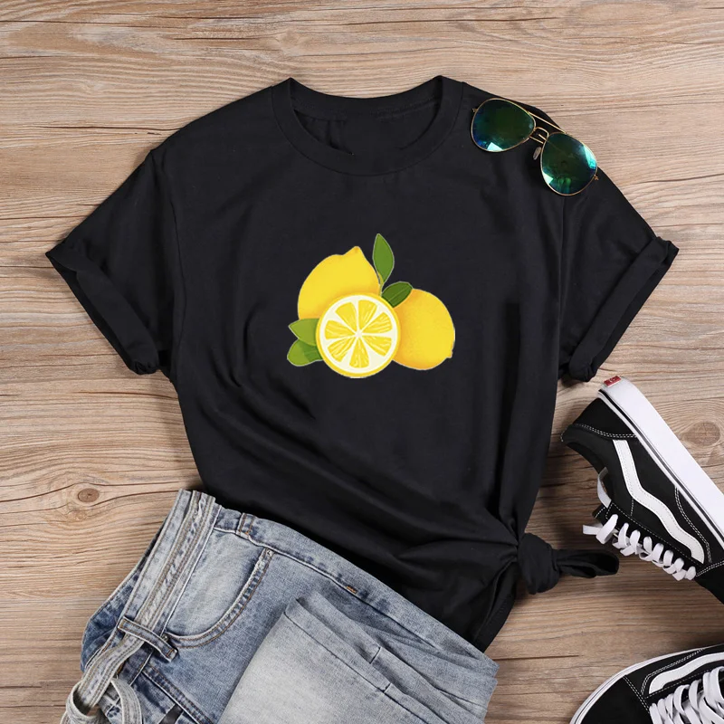 

Lemon Women O-neck Loose Tee Shirt Femme White Camisetas Mujer Tops Summer T Shirt Women Short Sleeve Tshirts