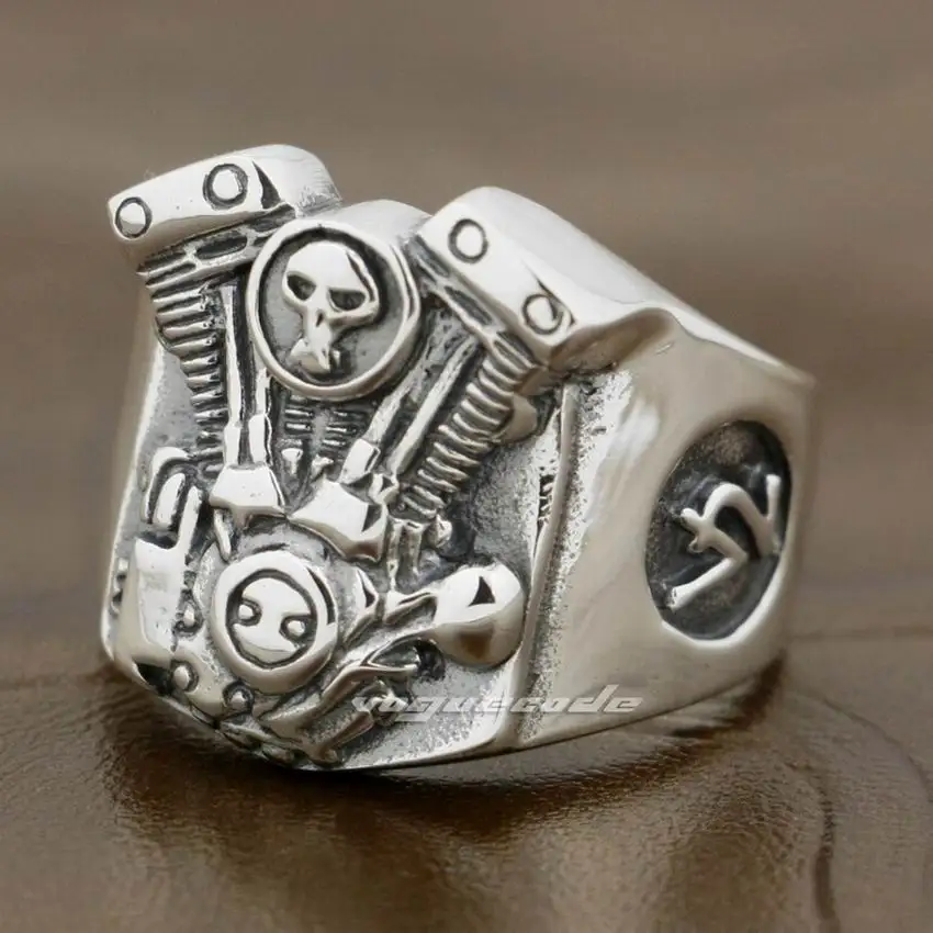 V2 Skull Motorcycle Engine 925 Sterling Silver Mens Biker Punk Ring 8Y009 US Size 7 to 14