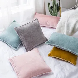 Soft Chenille Cushion Cover Pink Grey Mustard Yellow Fringe Solid Pillow Case for Home Decoration Sofa Bed  45x45cm