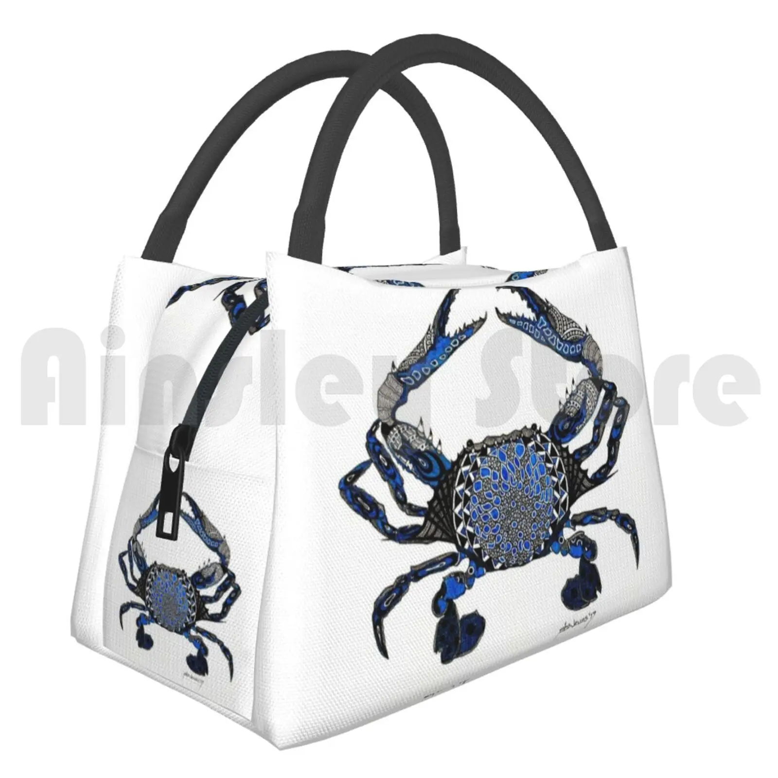 

Сумка-холодильник для обеда Сумка для пикника Ol' Blue Crab Blue Maryland Zen Zentangle Doodle Черно-белые нарисованные вручную чернила для татуировки