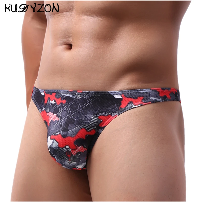 KUDYZON Print Mens Thongs And G Strings Low Rise Men Sexy Briefs Jockstrap Pouch Cuecas Mesh Underpants Gay Slip Homme String