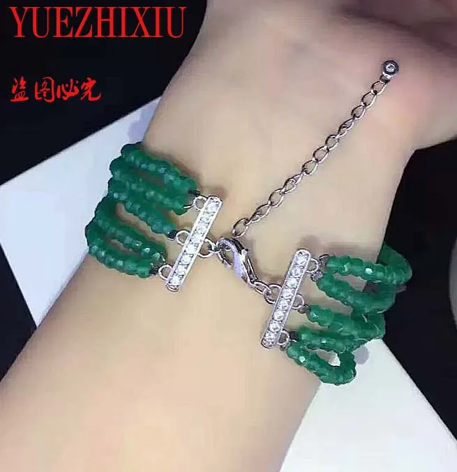 

925 silver 5row green jade women's bracelet Fine Jewelry