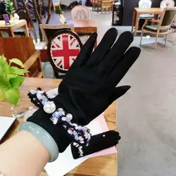 Sweet Pearl Woolen Cashmere Wool Gloves Fashion Tassels Bowknot Handmade Models Finger Thick Warmth Touch Screen Gloves Women