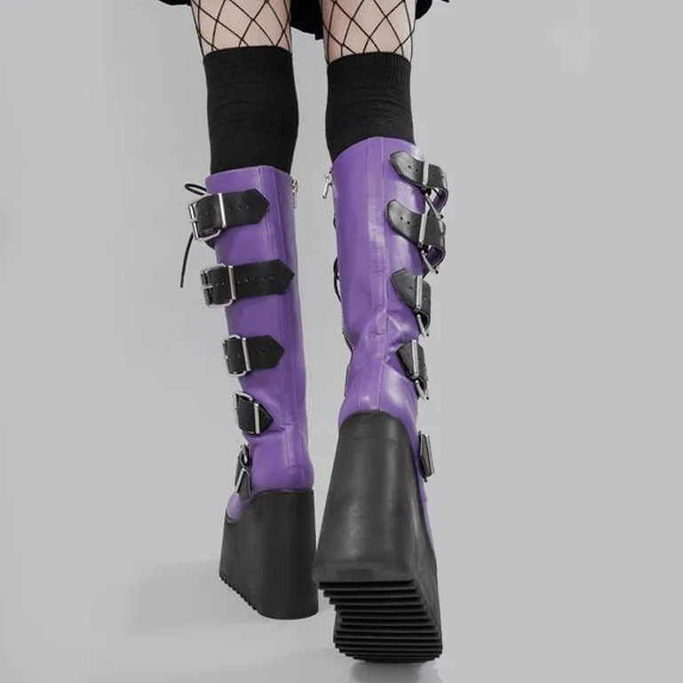 Ladies Purple Fashion Lace up Knee High Heel Platform Boots Gothic Metal Decorative Women\'s Boots Zipper Wedge Heel Boot Size 42