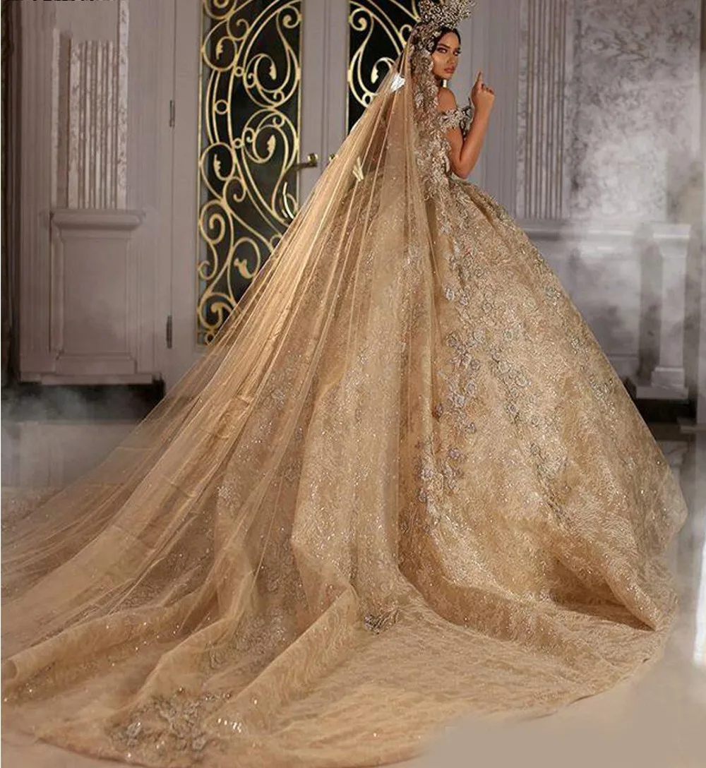 2022 Shinny Puffy Wedding Dresse Champagne Off Shoulder Luxury Beaded Saudi Arabian Dubai Bridal Gown Vestidos De Noiva