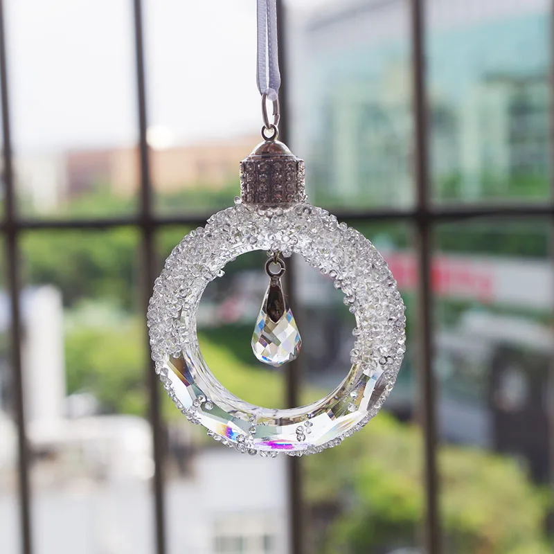 Crystal Christmas Wreathe Figurine Car Pendant Decor Suspension Ornaments Sun Catcher Shining Star Hanging Trim Xmas Gift white