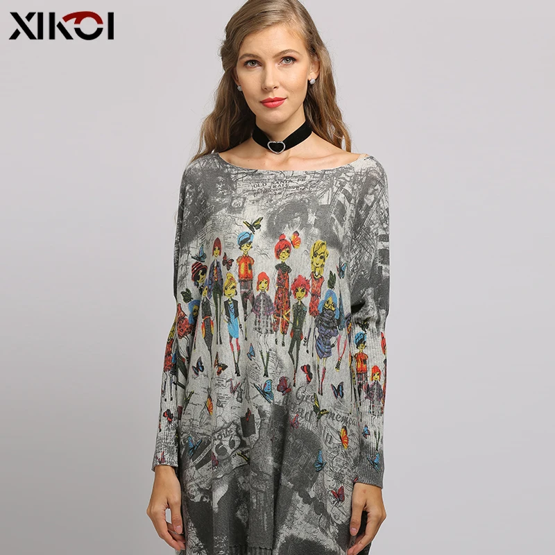 New Butterfly Novel Doll Print Women Pullovers Oversized Sweater Dress Autumn Pull Femme Long Warm Batwing Sleeves Clothes