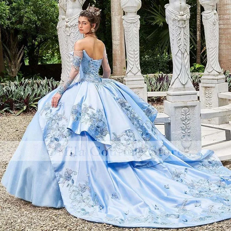 Princess Light Blue Quinceanera Dresses Tiered Skirt Beading vestidos de xv años Customized Off Shoulder Masquerade Prom Wear