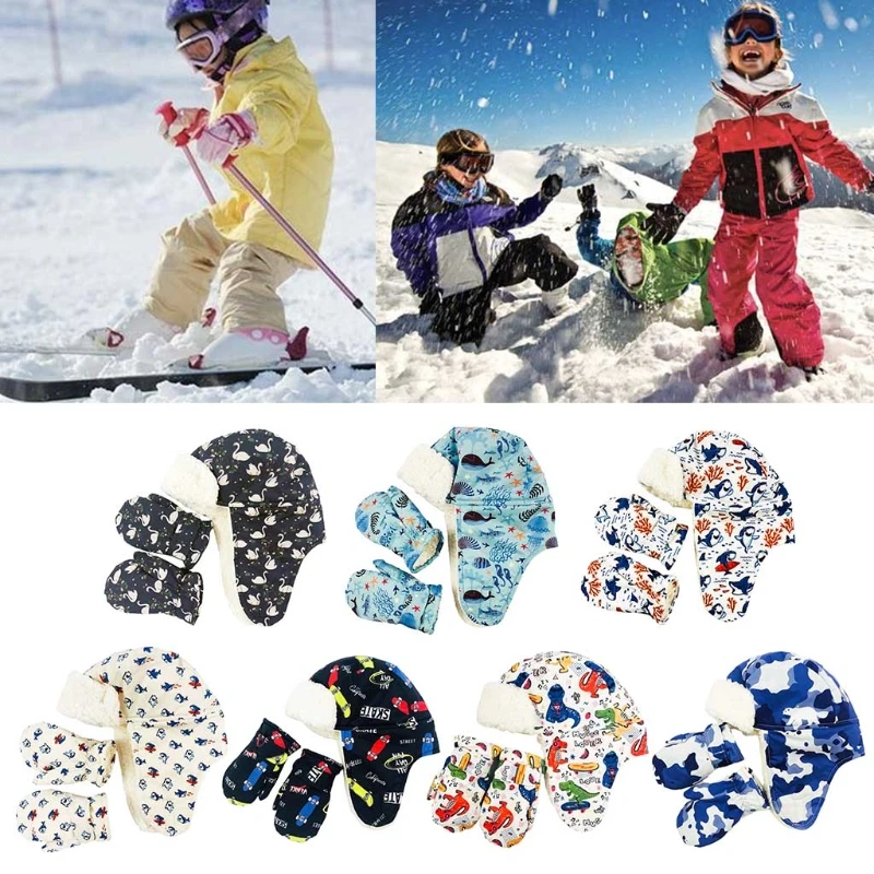 

Toddler Kids Winter Warm 2 Pieces Trapper Hat and Mitten Set Waterproof Cartoon Plush Lined Earflap Cap Ski Snow Gloves