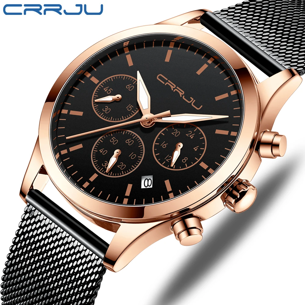 

CRRJU Mens Watches with Stainless Steel Waterproof Analog Quartz Fashion Business Chronograph Black Watch for Men, Auto Date