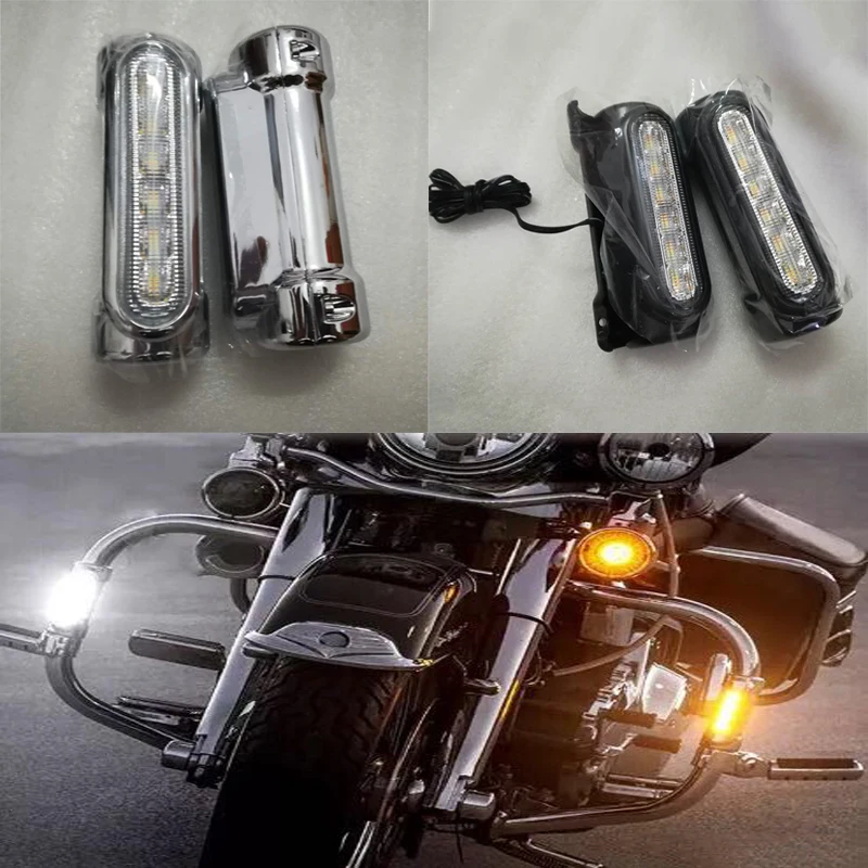 

Motorcycle Highway Bar Switchback Turn Signal Light White Amber LED For Harley 883 Victory Softail FatBoy Dyna Road King Touring