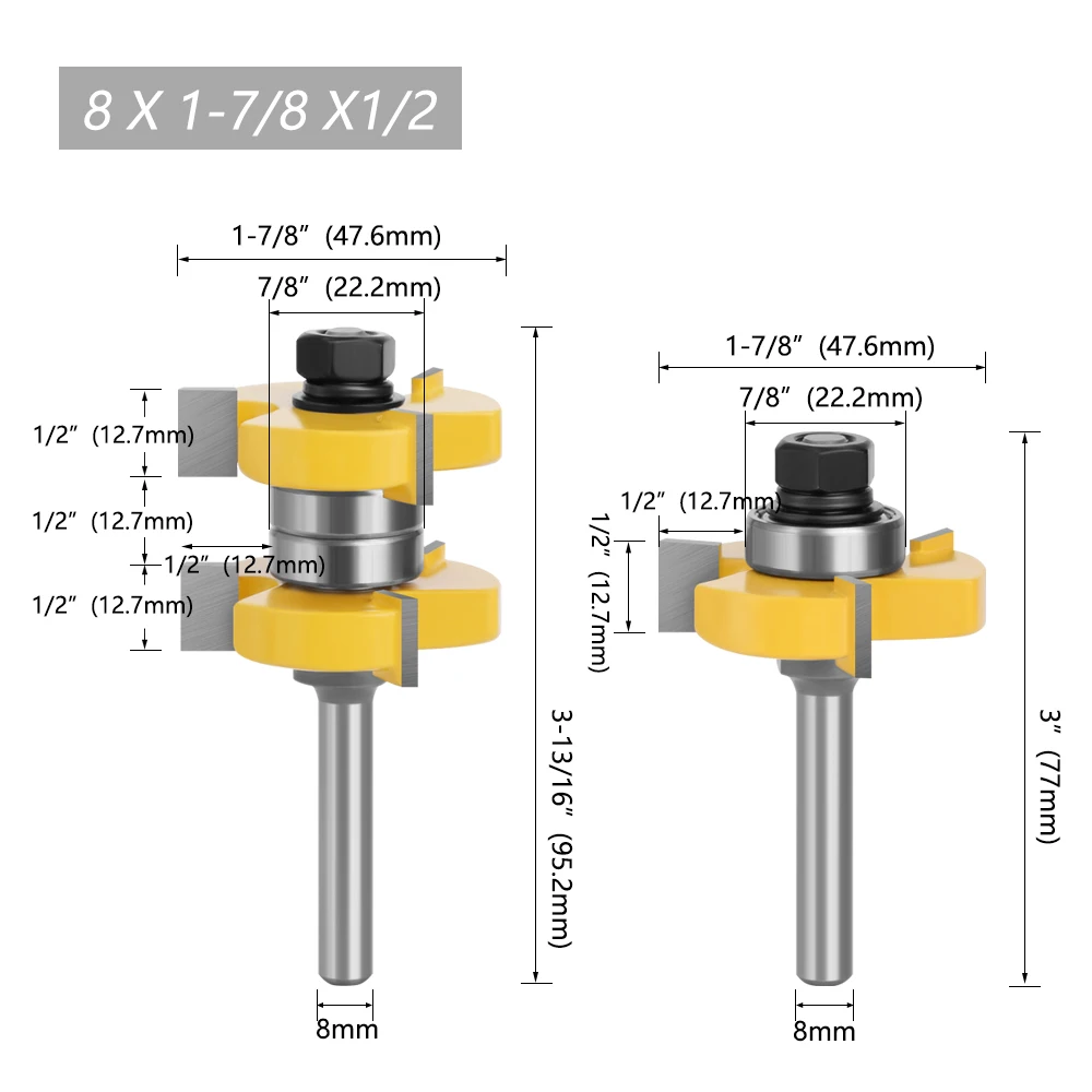 LAVIE 2pcs set 8mm Shank Tongue & Groove Router Bits Set Stock 1-1/2 Tenon Milling Cutter for Wood Woodworking Tools Bit