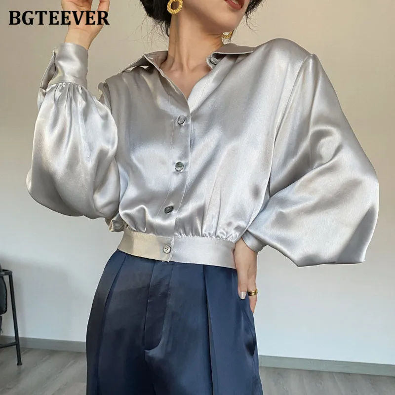 BGTEEVER Vintage Satin Women Blouses Autumn Winter Lapel Lantern Sleeve Loose Single-breasted Female Shirts Short Tops 2021