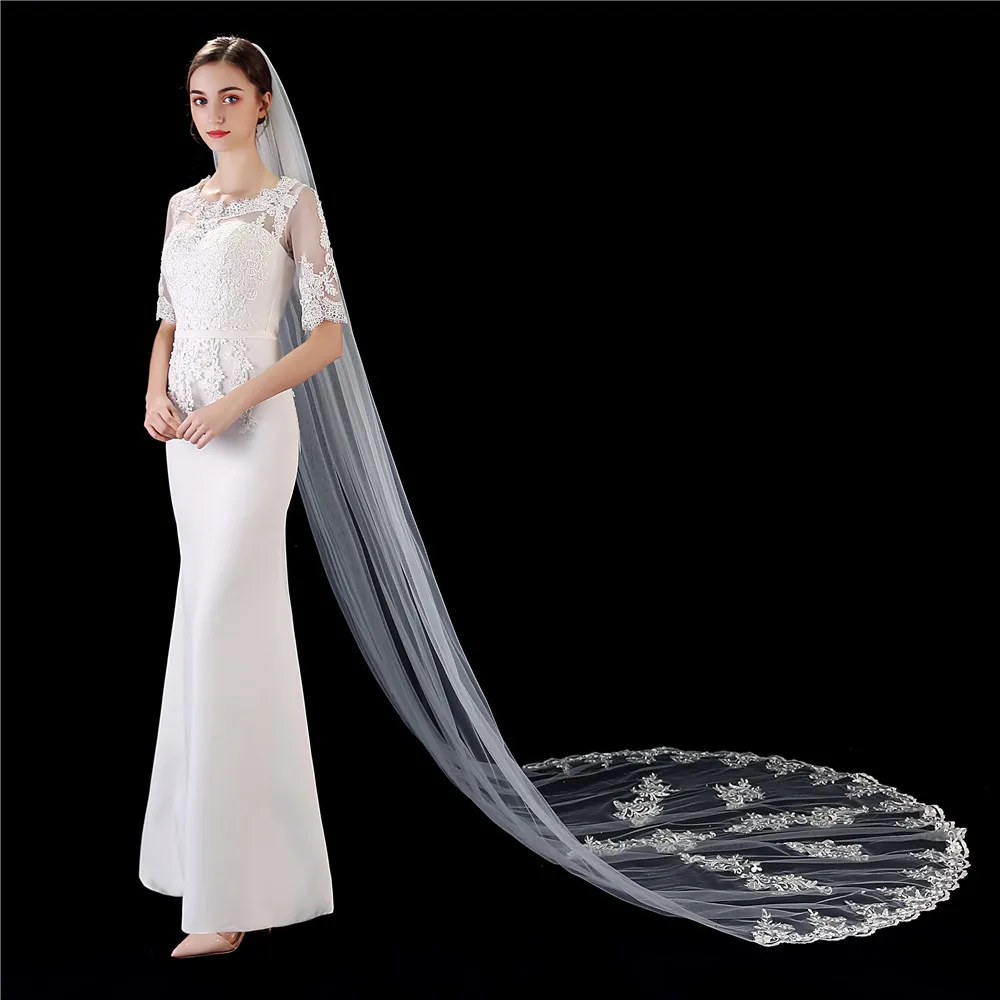 Velo da sposa con pettine 2021 nuovo bordo classico in pizzo cattedrale appliquata a uno strato da sposa s