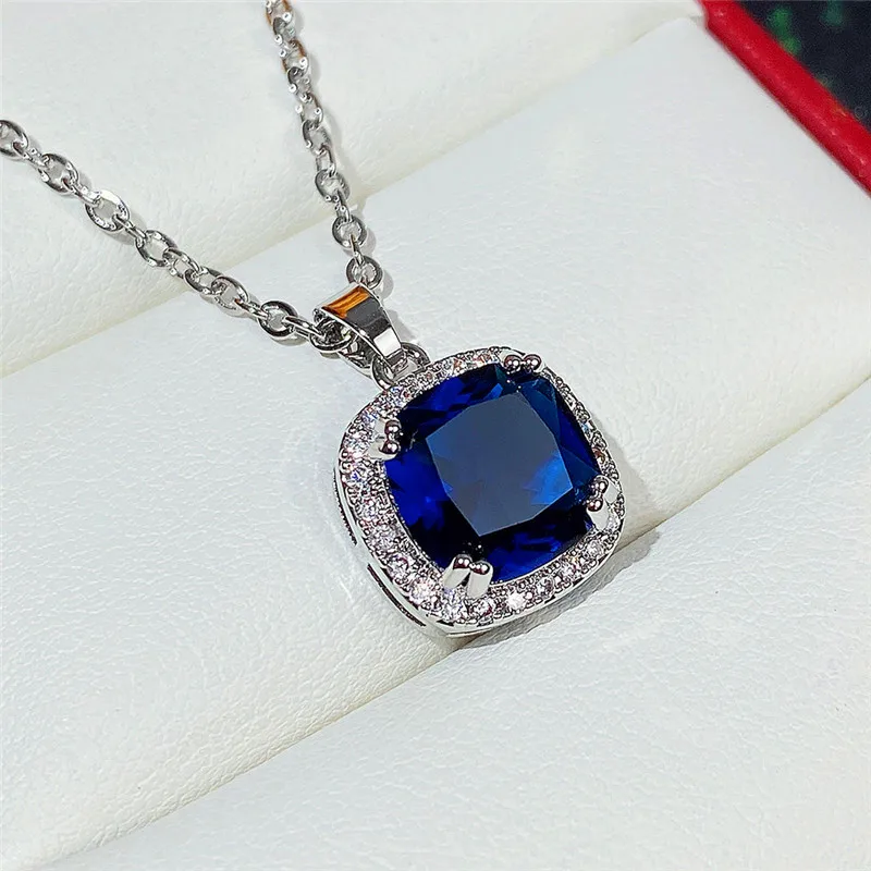 

Huitan Classic Blue Cubic Zirconia Necklace for Women Luxury Engagement Wedding Accessories Anniversary Gift Versatile Jewelry