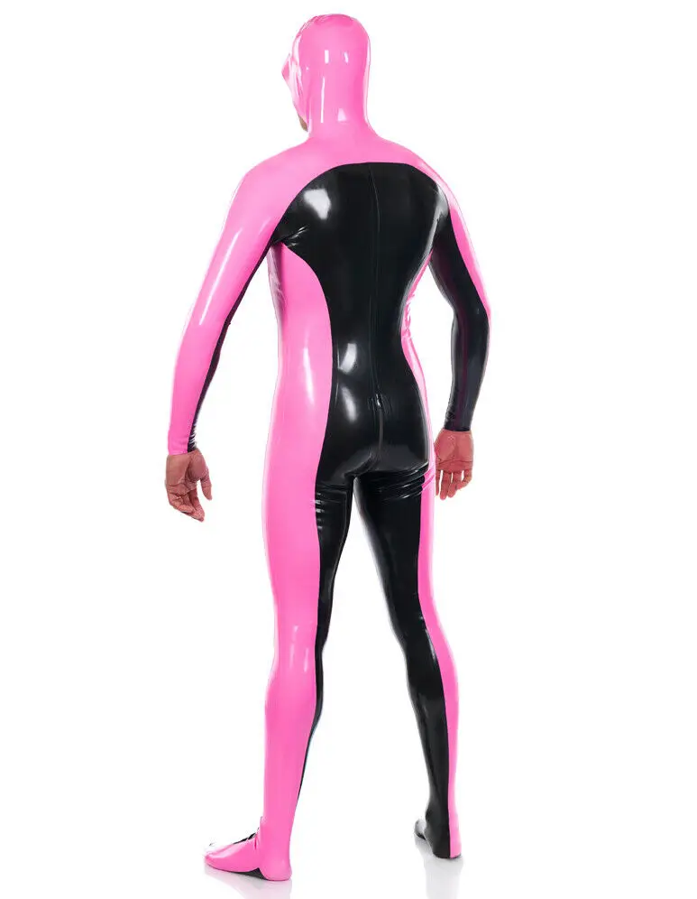 

Rubber Club Latex Catsuit Gummi Cosplay Rosa Schwarz Mit Kapuze Bodysuit 0,4mm