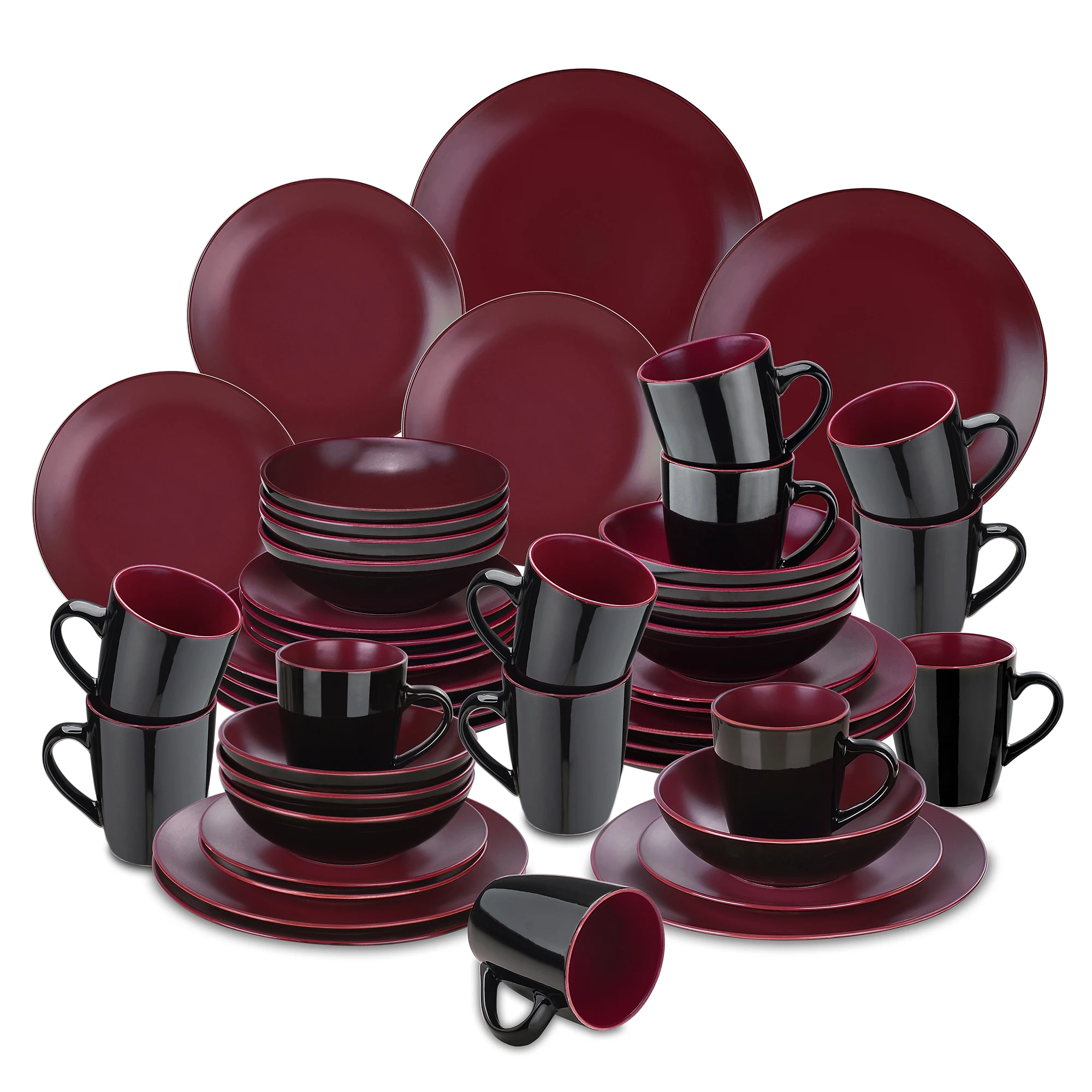 

VANCASSO BACCHE 16/32/48-Piece Matte Black&Berry Red Stoneware Crockery Dinnerware Set with Dinner Plate,Dessert Plate,Bowl,Mug